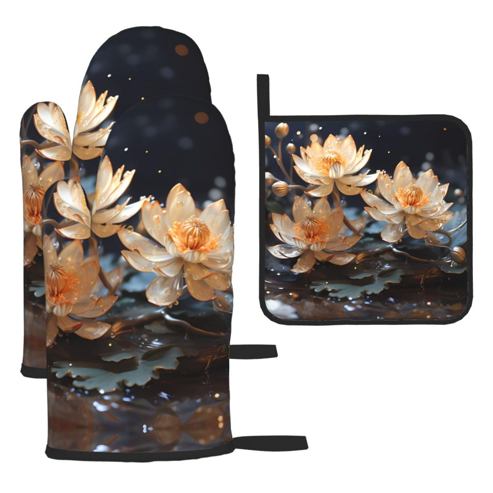 Bohemian White Lotus Oven mittens and oven mitts three-piece set suitable for oven, grilling, baking, microwave and home cooking.