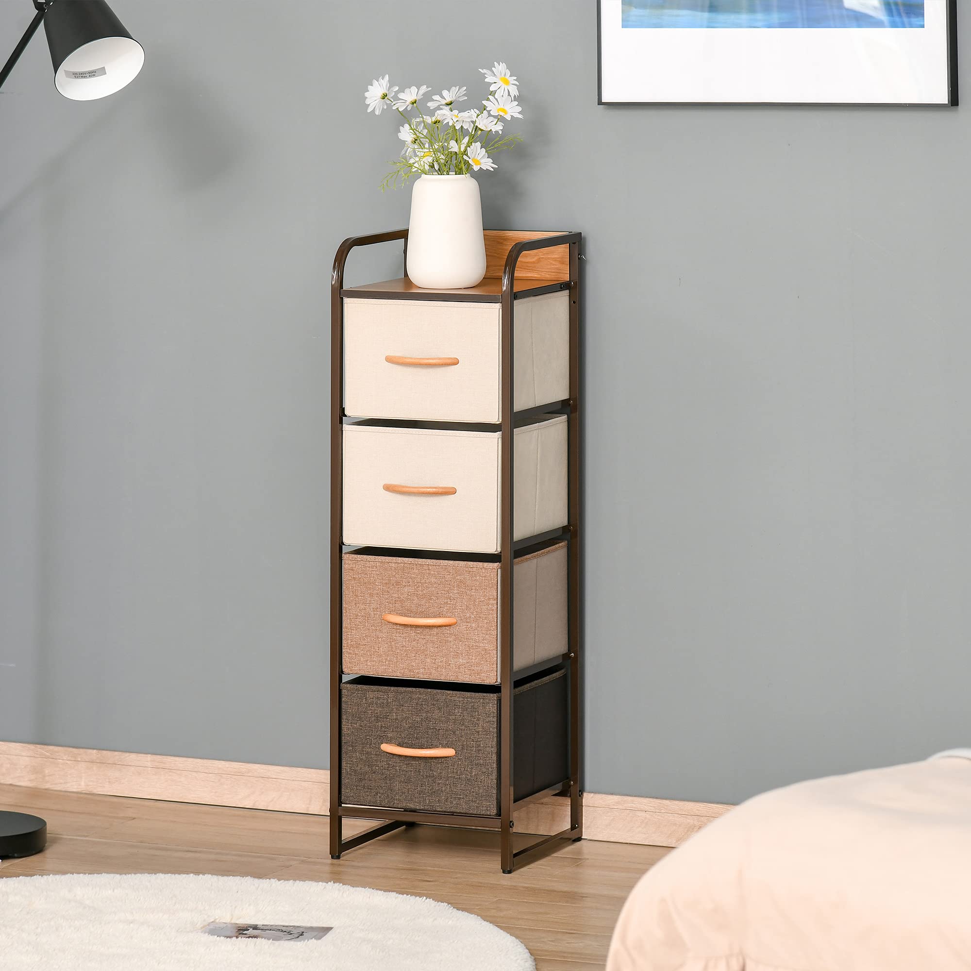 HOMCOM Cassettiera in Tessuto Slim Salvaspazio con 4 Cassetti Pieghevoli, Mobile con Cassetti Compatto in Metallo per Camera da Letto, Soggiorno, 31x29x99 cm, Multicolore