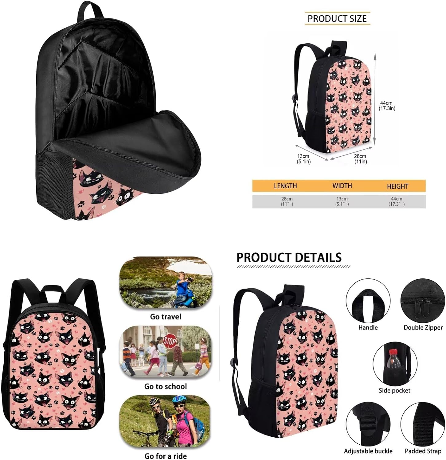 Black Cat Backpacks for School Girls 3Rd Grade Cute School Book Bags with Lunchbox for Elementary School Girls Children Back Pack Student School Bag Preschool Bookbag Teen Rucksack