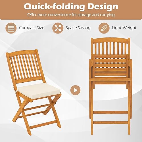 Miniatura 6 de HAPPYGRILL Juego de 4 sillas plegables para exteriores, sillas de respaldo alto de madera de acacia con cojines de asiento, silla de comedor
