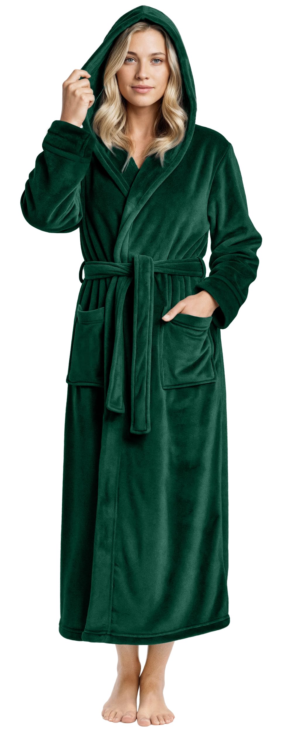 NY Threads Premium Womens Robe with Hood, Plush Fleece Long Bath Robe for Women, Fluffy Soft Women's Bathrobe, Large, Green