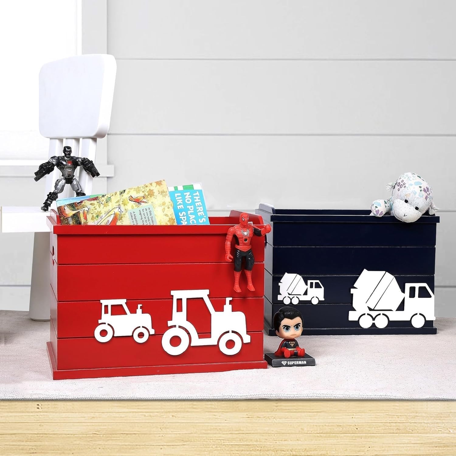 FLY FROG Kids Wooden Storage Box, MDF Organizer Bin with Non-Toxic Paint, Rounded Edges & Easy Grips – Space-Saving Toy Storage for Nursery & Playroom (16"x10"x12") (Tractor on Sky Blue) 2