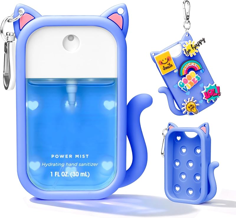 Capa de silicone azul com design de gato Kivzex para frasco Touchland Power Mist e Glow Mist de 30 mL, com chaveiro e 6 charms
