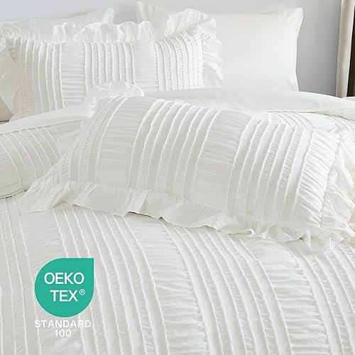 Miniatura 4 de WONGS BEDDING Juego de edredón tamaño Queen, bonito edredón blanco con volantes para cama Queen, 7 piezas de ropa de cama en una bolsa, juego de