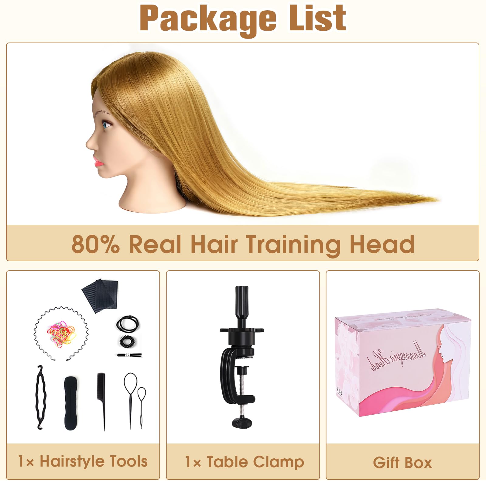 TopDirect Testa di manichino da 66 cm, 80% capelli veri, per cosmetologia, parrucchiere, manichino, con morsetto da tavolo + set per treccia (capelli dorati + occhi azzurri)
