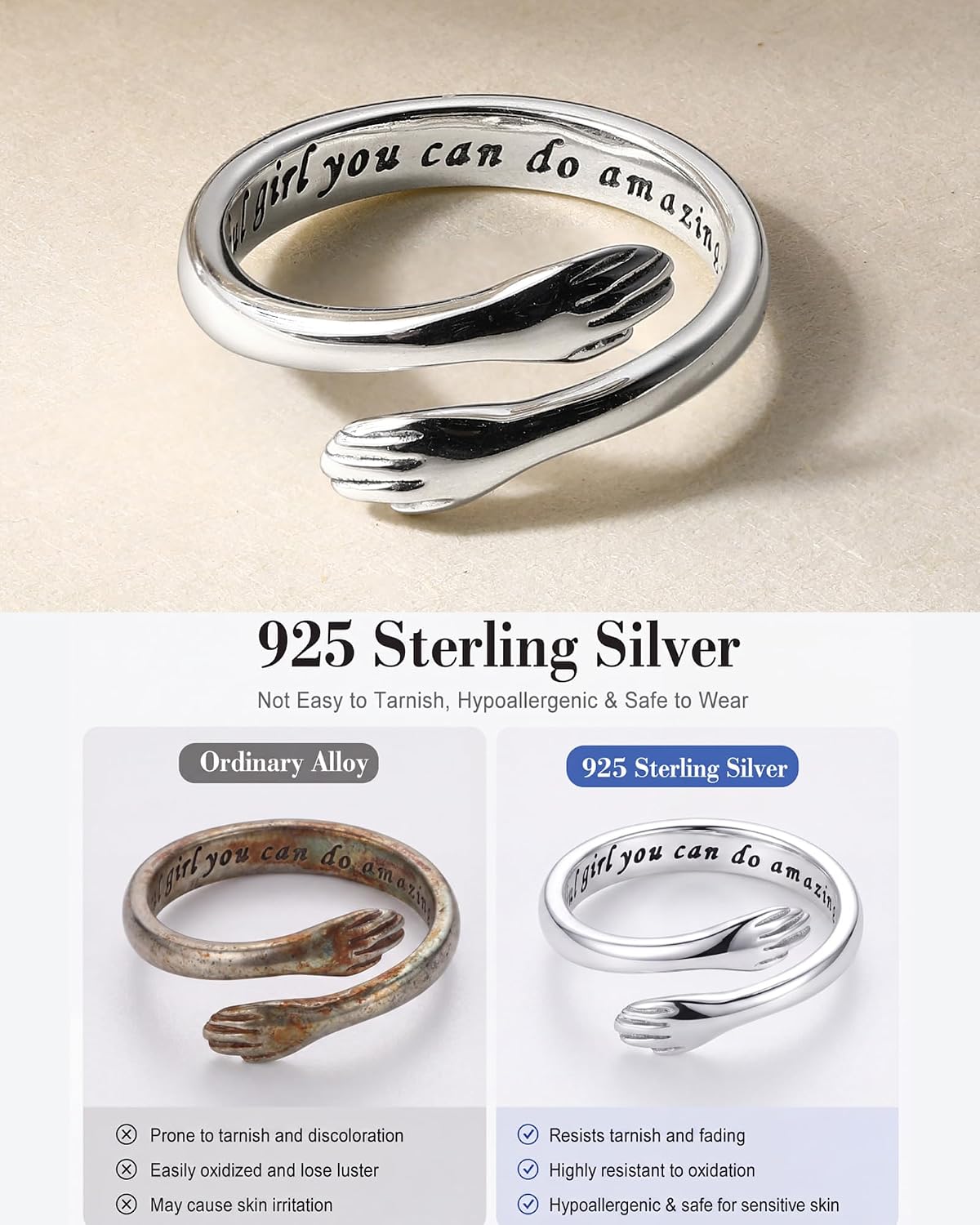 LOVECOM S925 Sterling Silver Hug Rings for Women Teen Girls Mother Daughter image 3