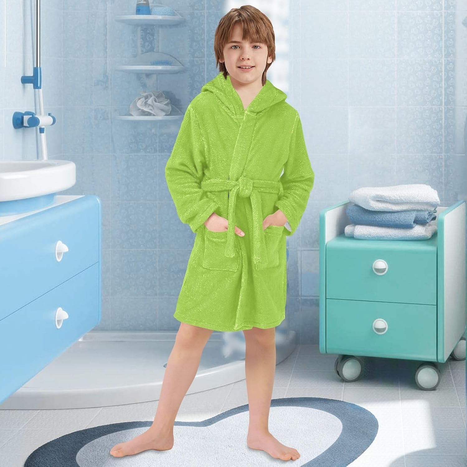 Yellow Green Kids Bathrobe, Plush Soft Hooded Towel for Boys Girls, Quick Dry Absorbent Swimming Bath Robe