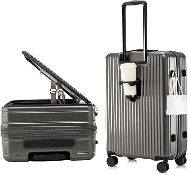 Yuweijie Suitcase, Carrying Case, Zipper Type, Front Opening, Side Opening, Extending Function, Large Capacity, Cup Holder, Business Trips, Ultra Lightweight, charcoal gray