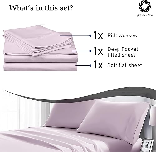 Miniatura 5 de 9Threads Sábanas de 600 hilos 100% satén de algodón con bolsillo profundo, sábanas frescas y fuertes de algodón (individual, lila)
