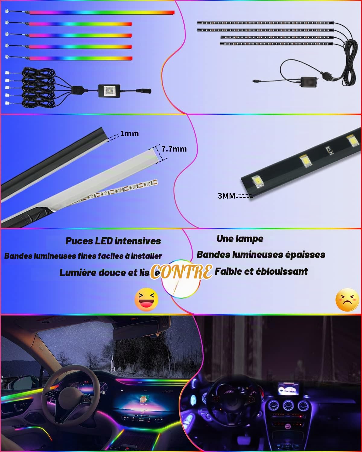 Bande LED Intérieur Auto avec APP, KEIUROT Éclairage Intérieur de Voiture Lumière de sous-éclairage de Voiture Améliorée Adhésif Fort Kits Musicale 2 in 1