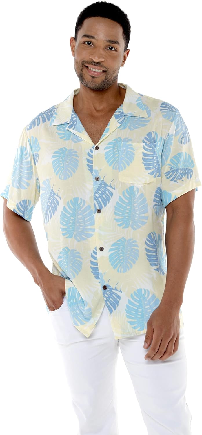 Matchable Couple Hawaiian Luau Shirt or 3/4 Sleeve Ruffle Dress in Pacific Palm Cream