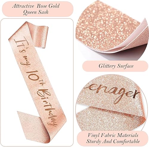 Miniatura 4 de 8 decoraciones de cumpleaños número 10 para niñas, incluye adorno para pastel de cumpleaños de 10, banda de reina de cumpleaños con alfiler de