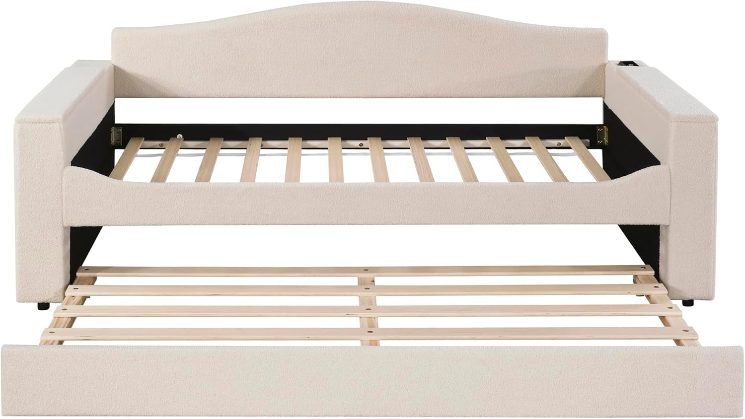 SOFTSEA Twin Size Daybed with Trundle, Modern Upholstered Daybed with Storage Armrests, USB Ports and Audio, Teddy Fleece Sofa Bed Frame with Storage for Living Room, Bedroom, Beige