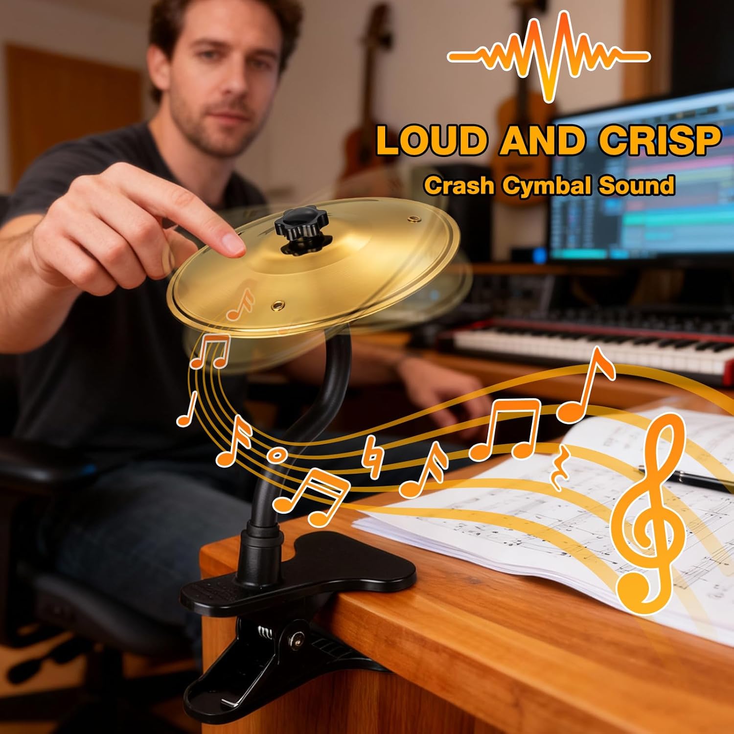 Facmogu 2PCS Desktop Crash Cymbal with Clamp - The Great Stress Relief Items & Fun Desk Drum for Music Lovers, Easy to Install, A Cool Mounted Percussion Accessory for Office Desk (Silver+Gold)