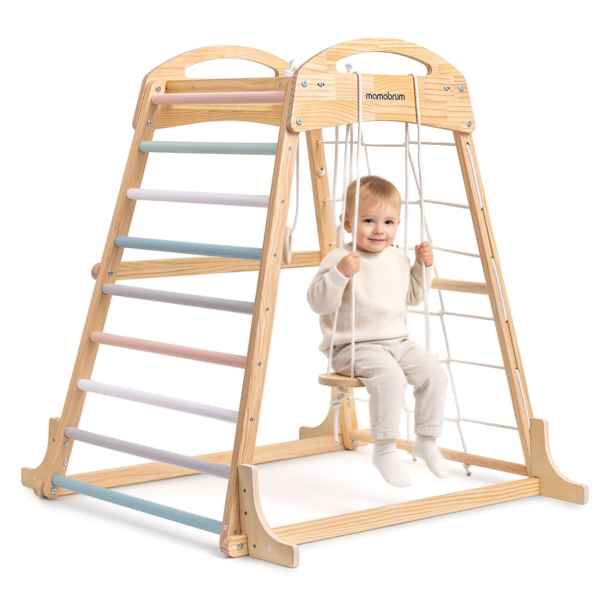 Mamabrum Aire de Jeux intérieure en Bois pour Enfants avec balançoire, Anneaux de Gymnastique et Filet d’Escalade – Ensemble Sportif Multifonctionnel pour la Maison