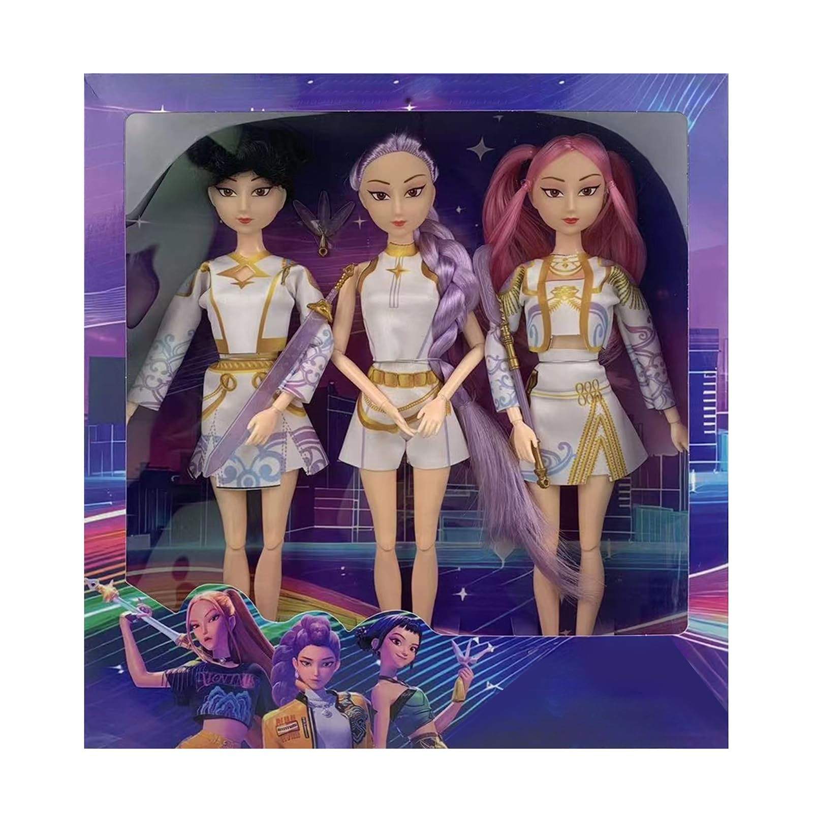 K-pop Puppe Set 3er, Anime Style Actionfiguren mit Beweglichen Gelenken & Katzenaccessoire, Fantasy Sammlerpuppen für Mädchen, Sci-Fi Heldin Puppen Set als Geschenk für Kinder (Musik) - 1