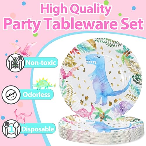 Miniatura 4 de Juego de vajilla de fiesta de dinosaurio de acuarela para niña, suministros para fiesta de cumpleaños de dinosaurio rosa, incluye platos para tartas