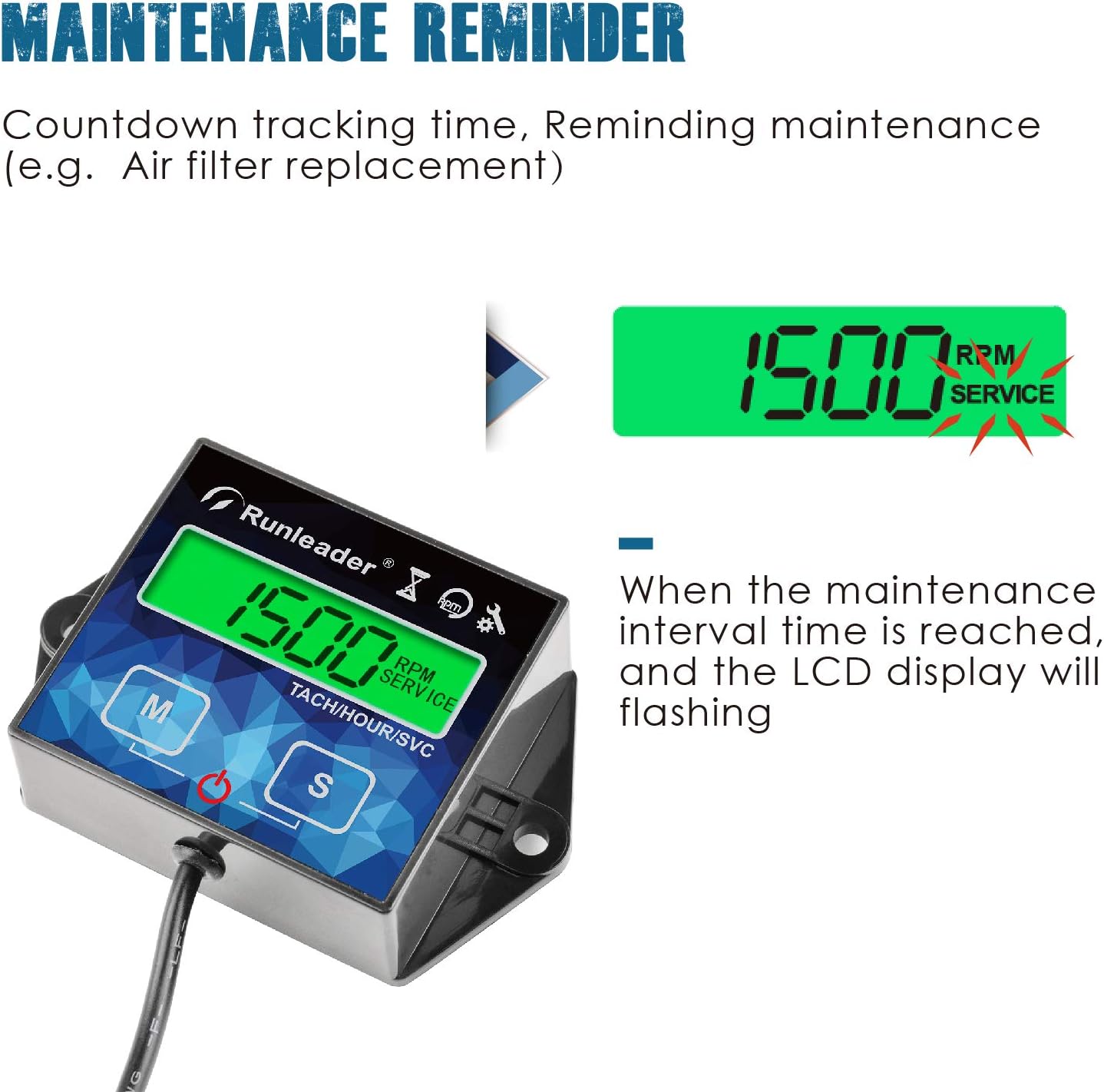 Runleader RL-HM011G Digital Hours Tachometer with Maintenance Reminder | Backlight Display & Replaceable Battery for Lawn Mower, Tractor, Generator, ATV & Gasoline Equipment