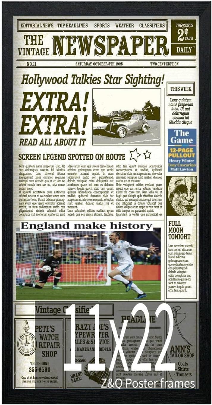 Z&Q Wall Photo Frame Black 11x22'' Vintage Newspaper Frame Art Print Media Article Cover Frame - Sleek Hanging Display Case for Entire Newspaper 22x11'' for Home or Office