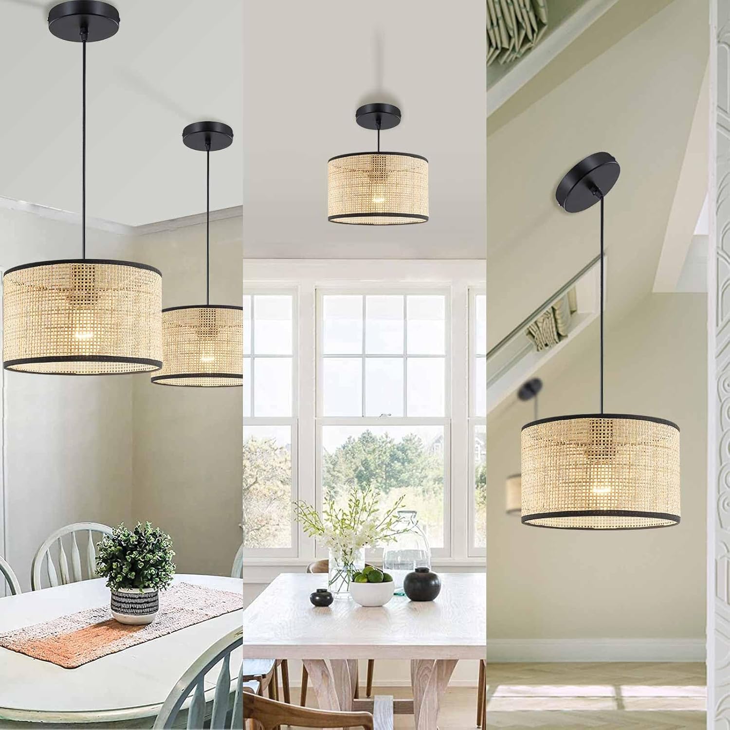 EE Eleven Master 4Ft Pendant Light E26, Bamboo Boho Woven Lampshade, Wrap Wicker Fabric Shade,Natural Ceiling Light Fixture for Kitchen, Dinning Room, Bedroom, Farmhouse