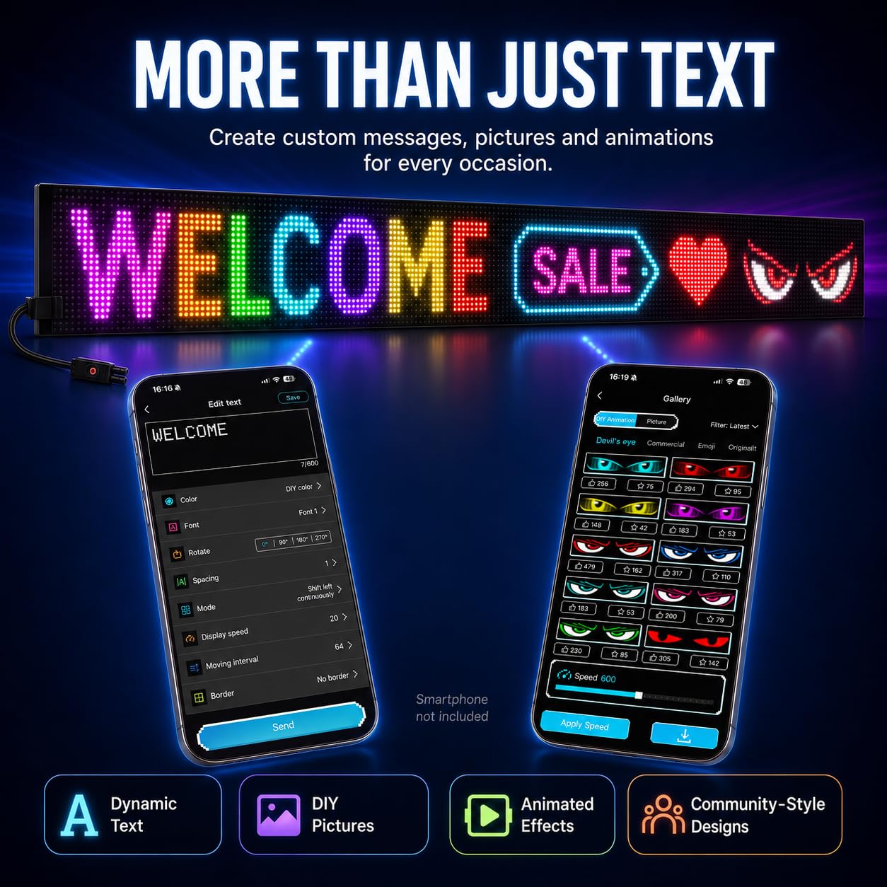 Pannello LED RGB programmabile 90 × 20 cm con app e telecomando | Grande schermo LED flessibile per mostrare testi, messaggi e animazioni in vetrine, negozi, camion ed eventi.