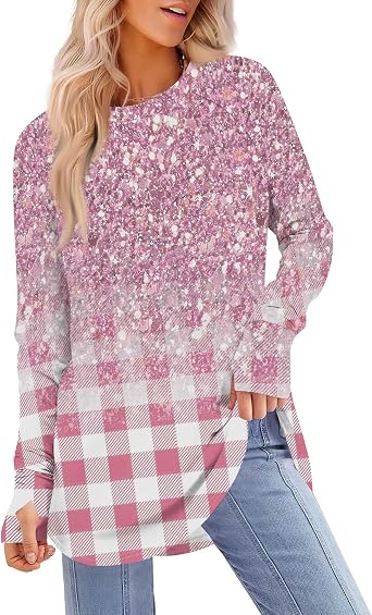 FQZWONG Womens Tunic Tops to Wear with Leggings Long Sleeve Thumb Hole Shirts Crew Neck Curved Hem Basic Printed Tees Clothes