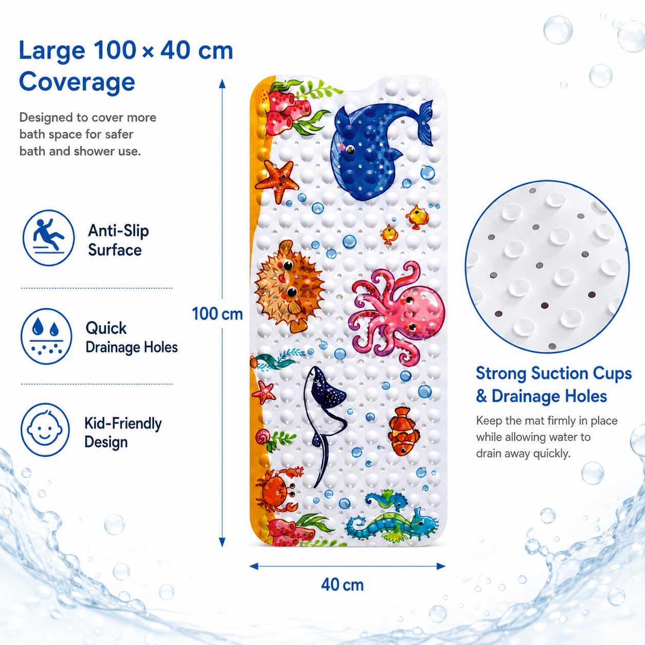 Tapis de Bain Antidérapant pour Bébé et Enfants, 100 x 40 cm, avec Ventouses et Trous d’Évacuation, Lavable en Machine, Motif Pieuvre Rose