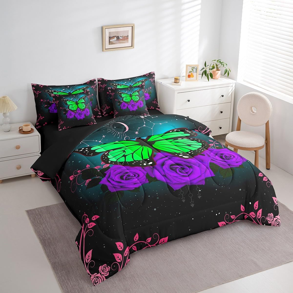 Green Butterfly Bed in a Bag Queen Comforter Set 7 Piece Purple Rose Bedding Sets,Romantic Flowers Constellation Sheet Set with Comforter Rustic Animal Butterflies Bed Set,Aesthetic Room Decor