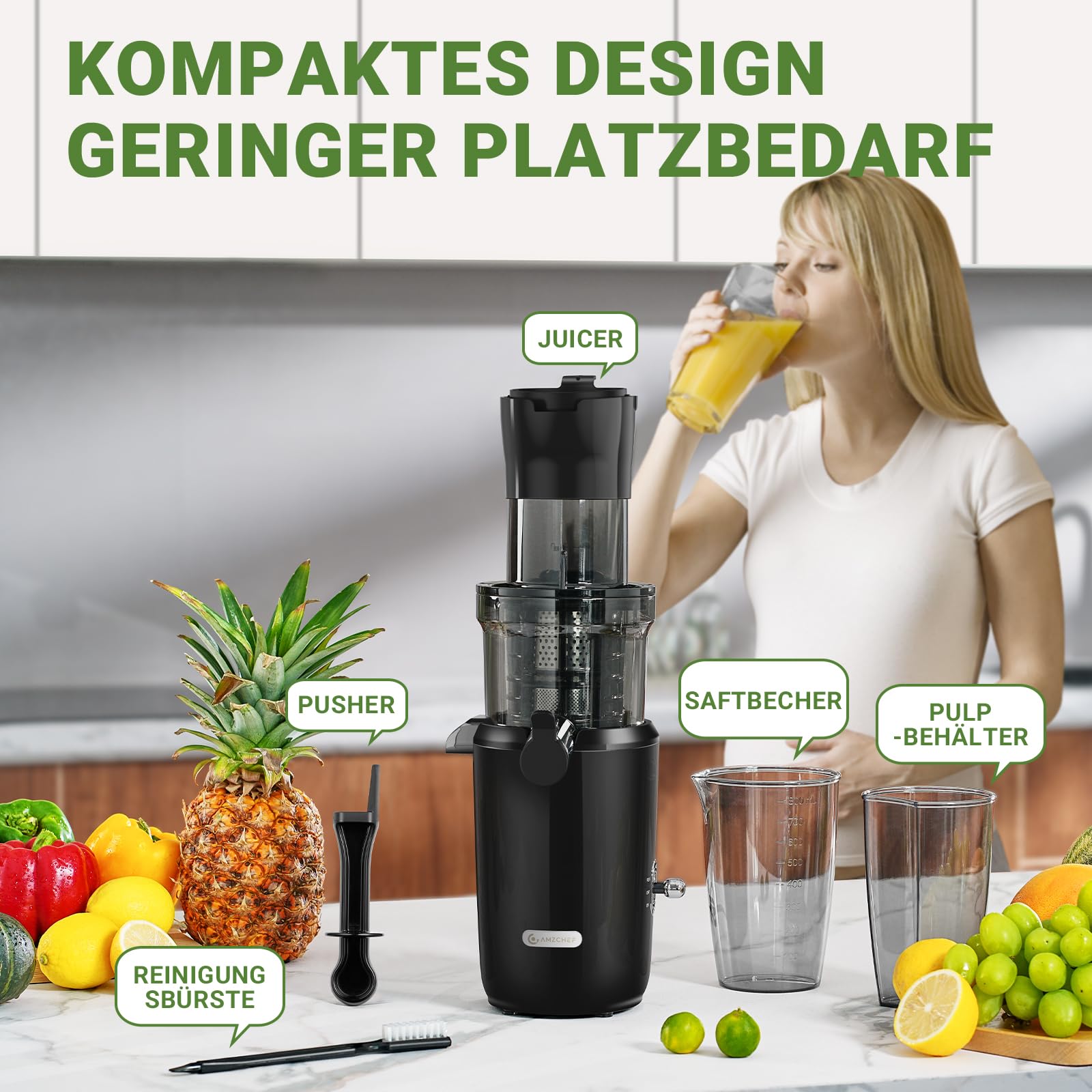 AMZCHEF Ganzfrucht Entsafter - 80MM große Öffnung Slow Juicer - Entsafter Gemüse und Obst Testsieger mit Verbesserter Schnecke, Doppelschicht Filter, Retro Kippschalter, Leiser Motor - Schwarz