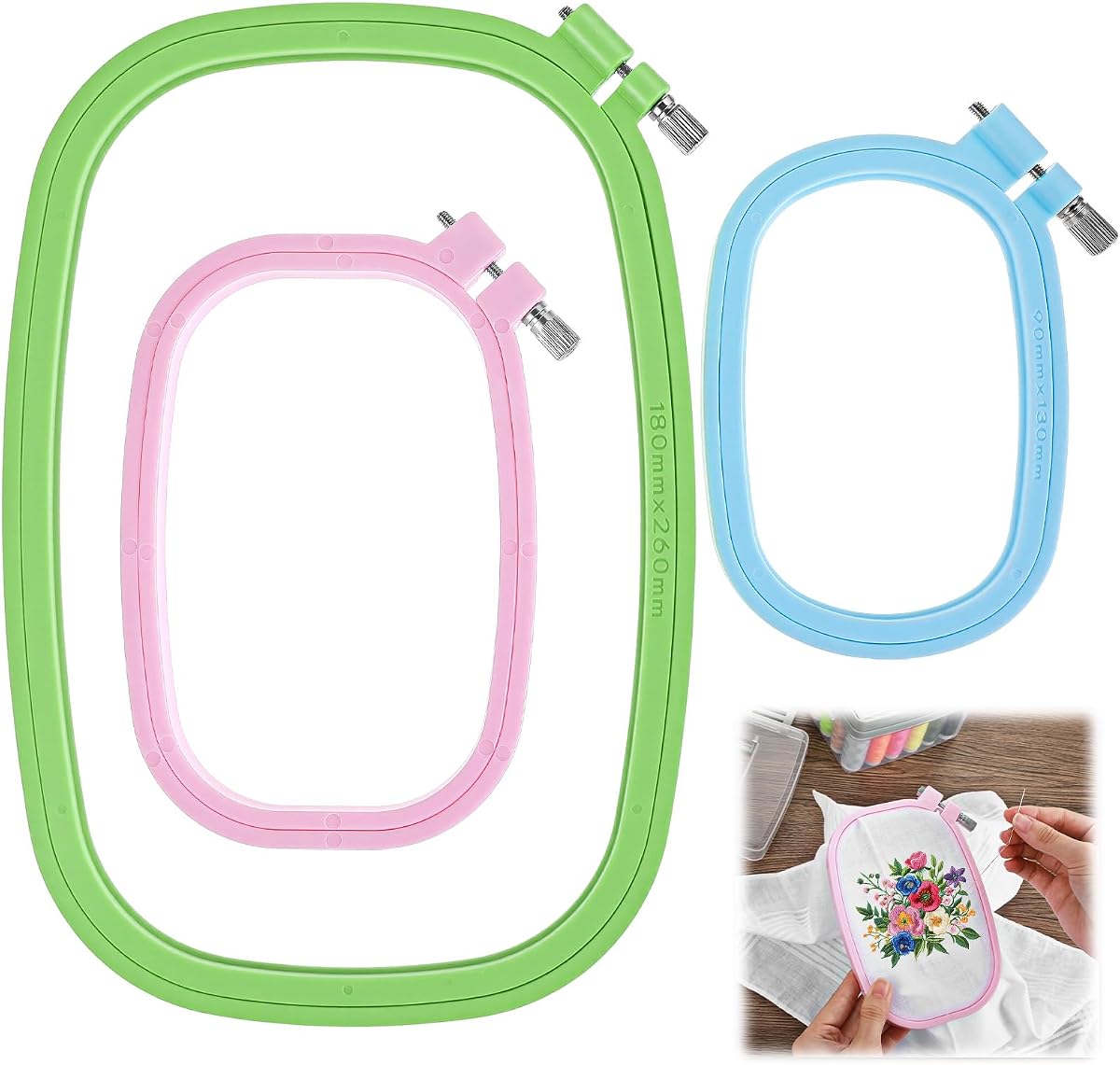 3 Pack 3 Size Square Embroidery Hoops, Plastic Cross Stitch Hoop, Reusable Embroidery Hoop for DIY Sewing Project(Multi Color)