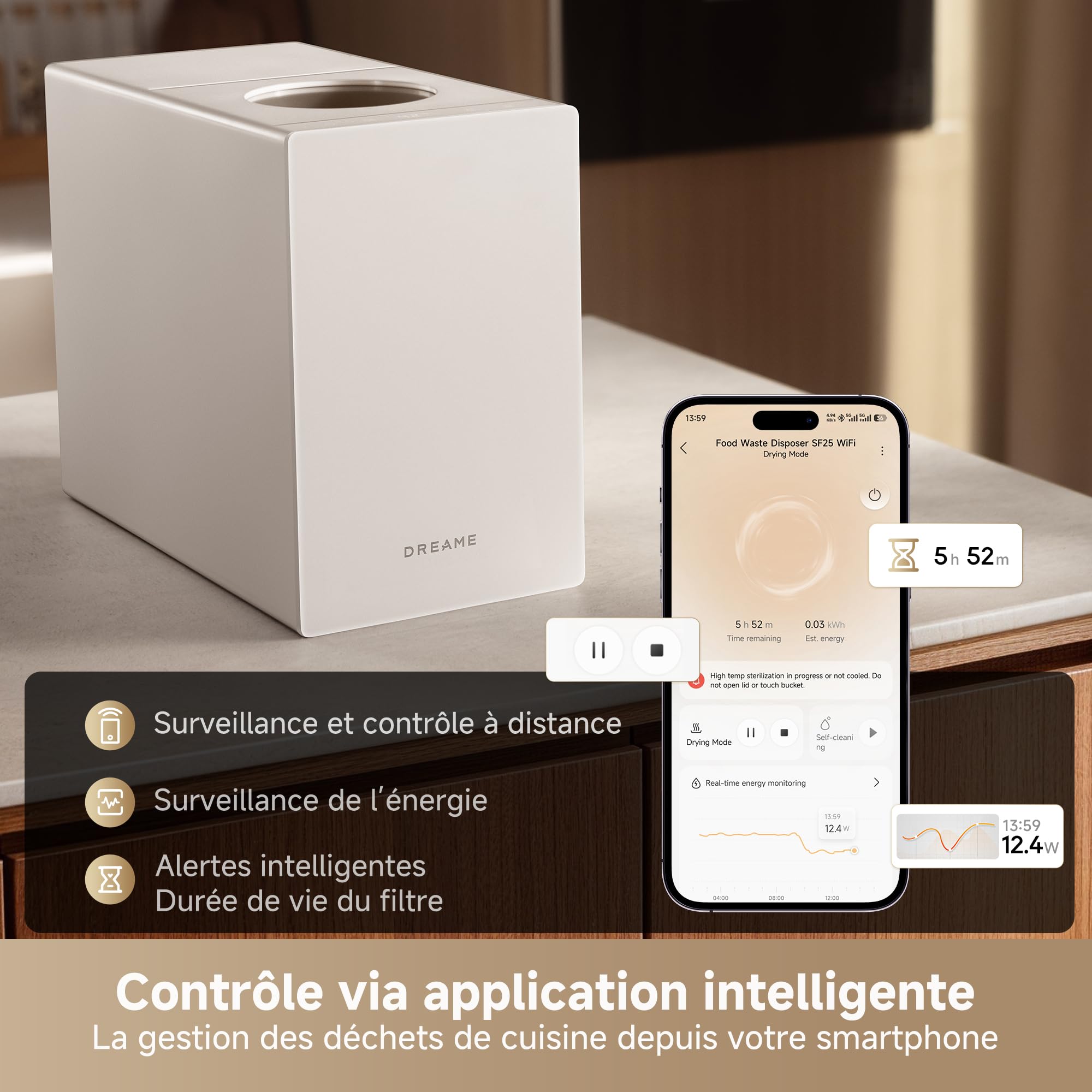 DREAME SF25 WiFi Broyeur de déchets alimentaires, Contrôle via application, Système triple lame, Filtre à charbon lavable, Anti-odeurs, Capacité 2,5 l, Nettoyage auto haute temp., Compact, Silencieux