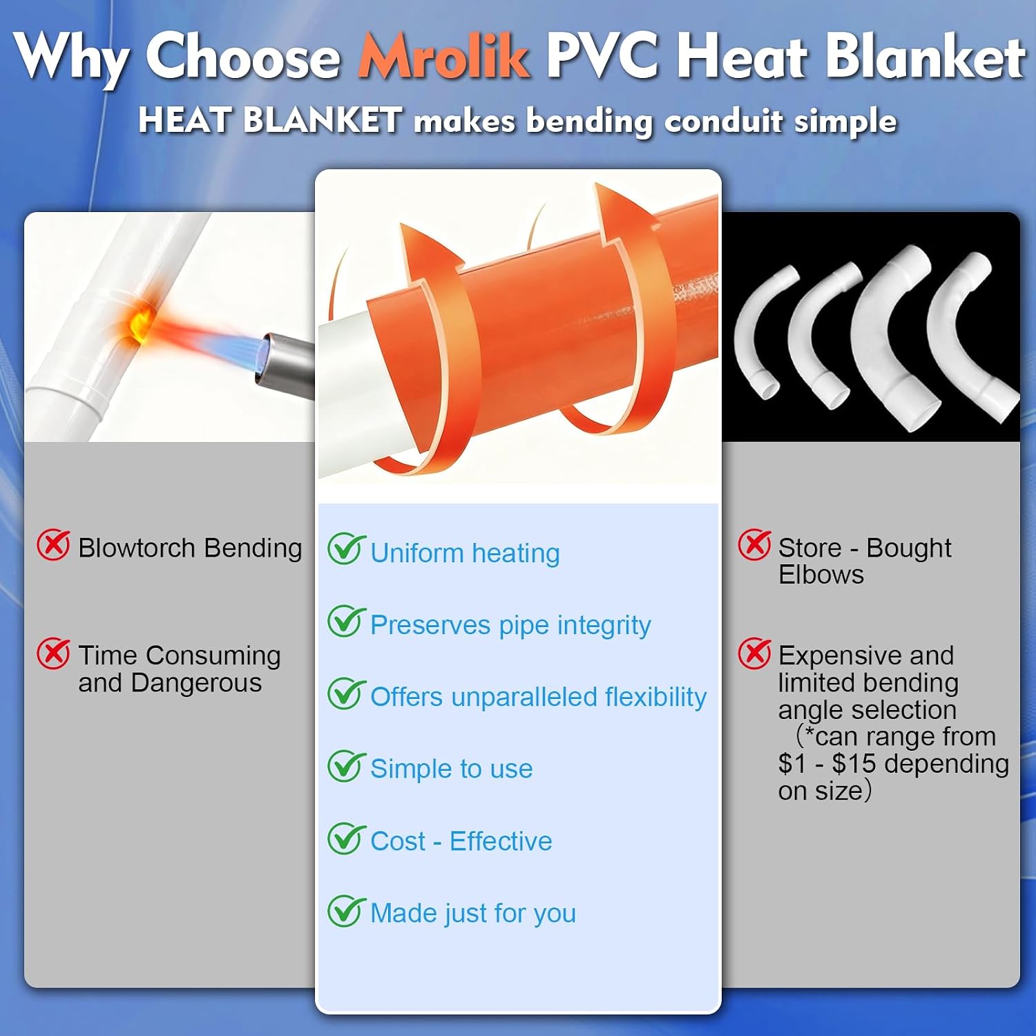 PVC Heating Blanket for Bending Pipes 1/2" to 1 1/2",PVC Conduit Bender 3 Minutes of Heating,Easy Bending,Newly Added Overheat Protection,High-Quality Silicone Material,Longer Service Life,120V/200W
