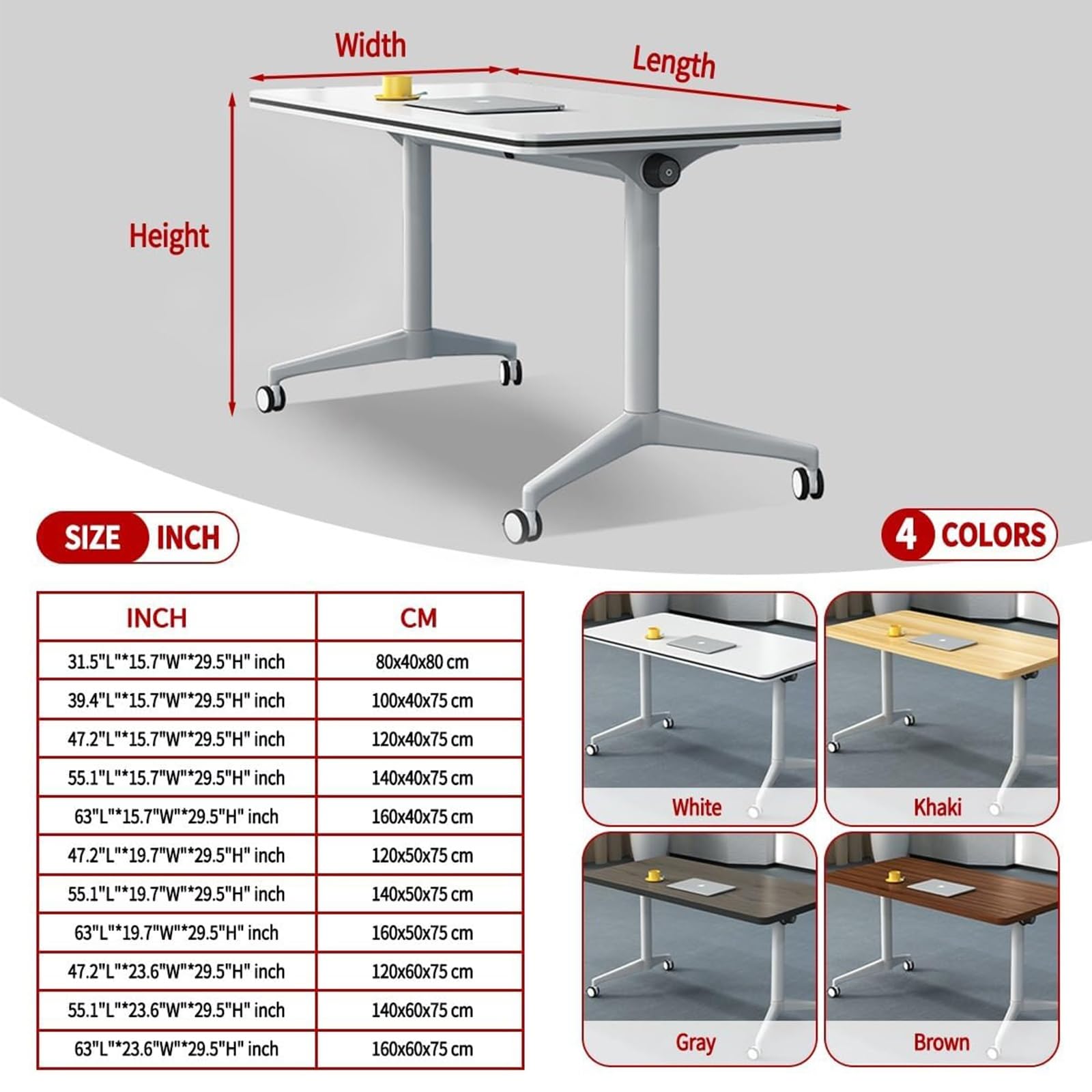 Klappbarer Konferenztisch mit Rollen, 120 x 60 x 75 cm, tragbarer Büro-Trainingstisch, ideal für Konferenzräume und Klassenzimmer, 1 Stück, Weiß
