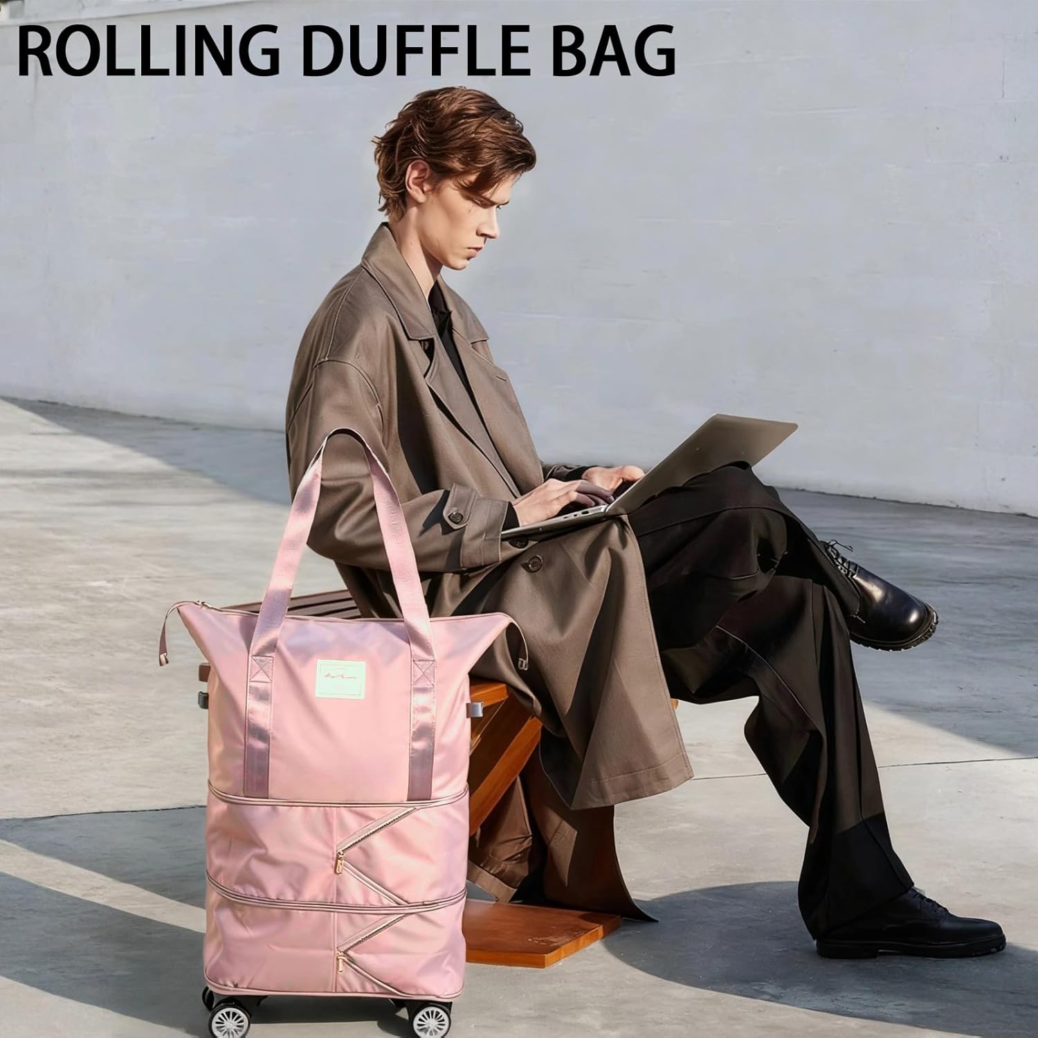 Large Foldable Duffle Bag with Wheels and Handle, Rolling Travel Duffle Bag Water Resistant Luggage, Lightweight Travel Suitcase, Multiple Interior and Exterior Pockets, Pink, 1 Pack - Image 7