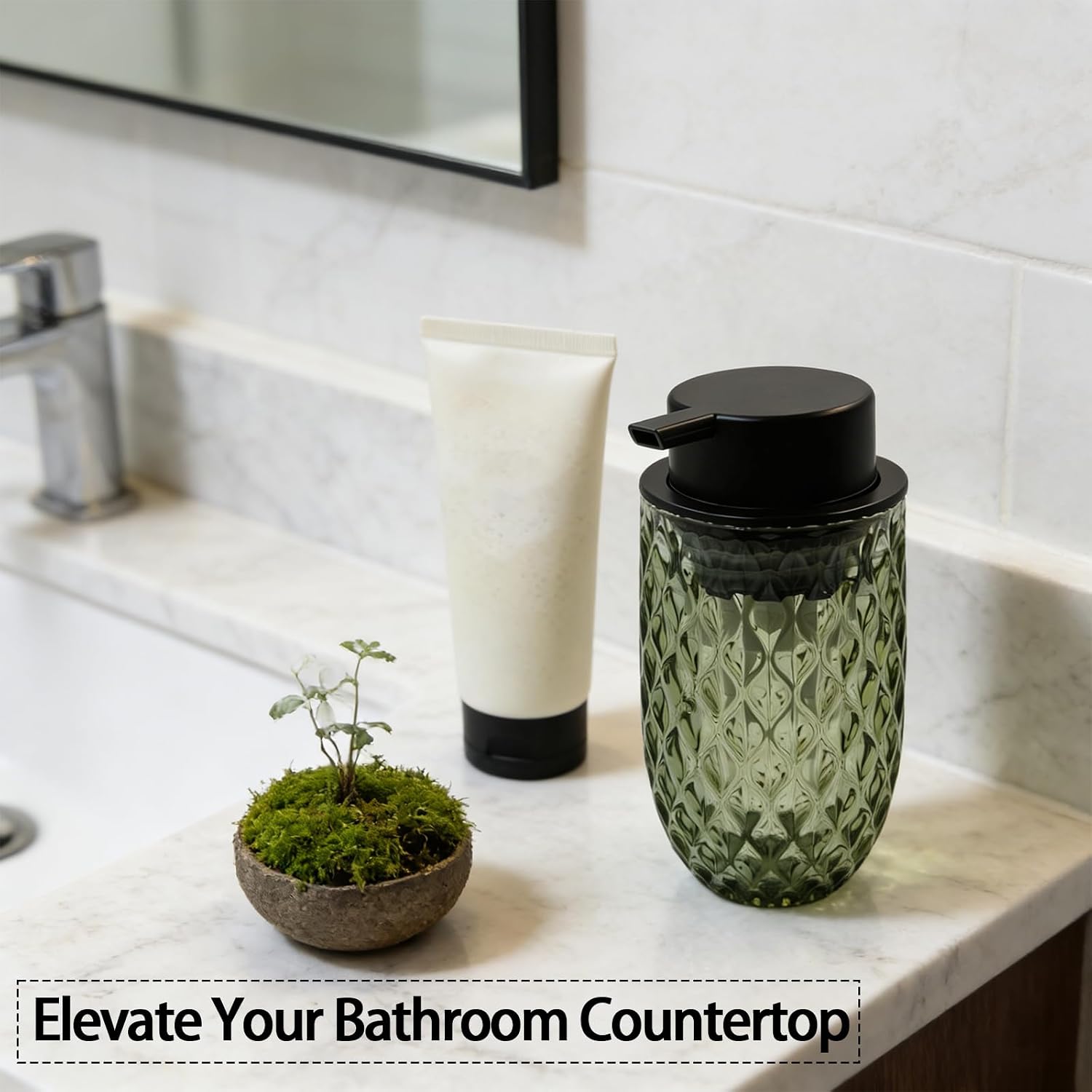 Foaming Hand Soap Dispenser Glass 10oz Refillable Lotion Dispenser with Removable Pump for Kitchen Bathroom Modern Home Decor(Green)