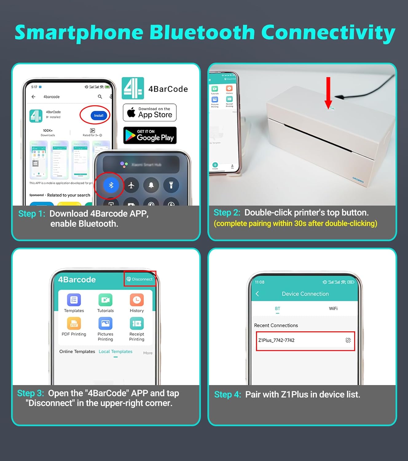 ORGBRO Bluetooth Thermal Shipping Label Printer, Z1-Plus Wireless 4X6 Shipping Label Printer for Small Business Office or Home Support iPhone Android Windows macOS Chrome Amazon Ebay Shopify USPS - Image 8
