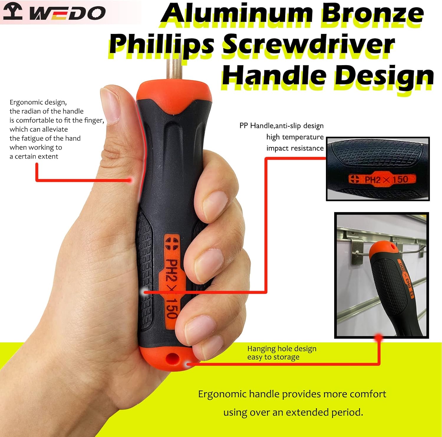 WEDO 4-Piece Non-Sparking Screwdriver Set,Flat Head(3X75mm,4X100mm,8X200mm),Cross-Head PH1 100mm,Aluminum Bronze,Fiberglass Handle,Phillips&Slotted Screwdriver Set
