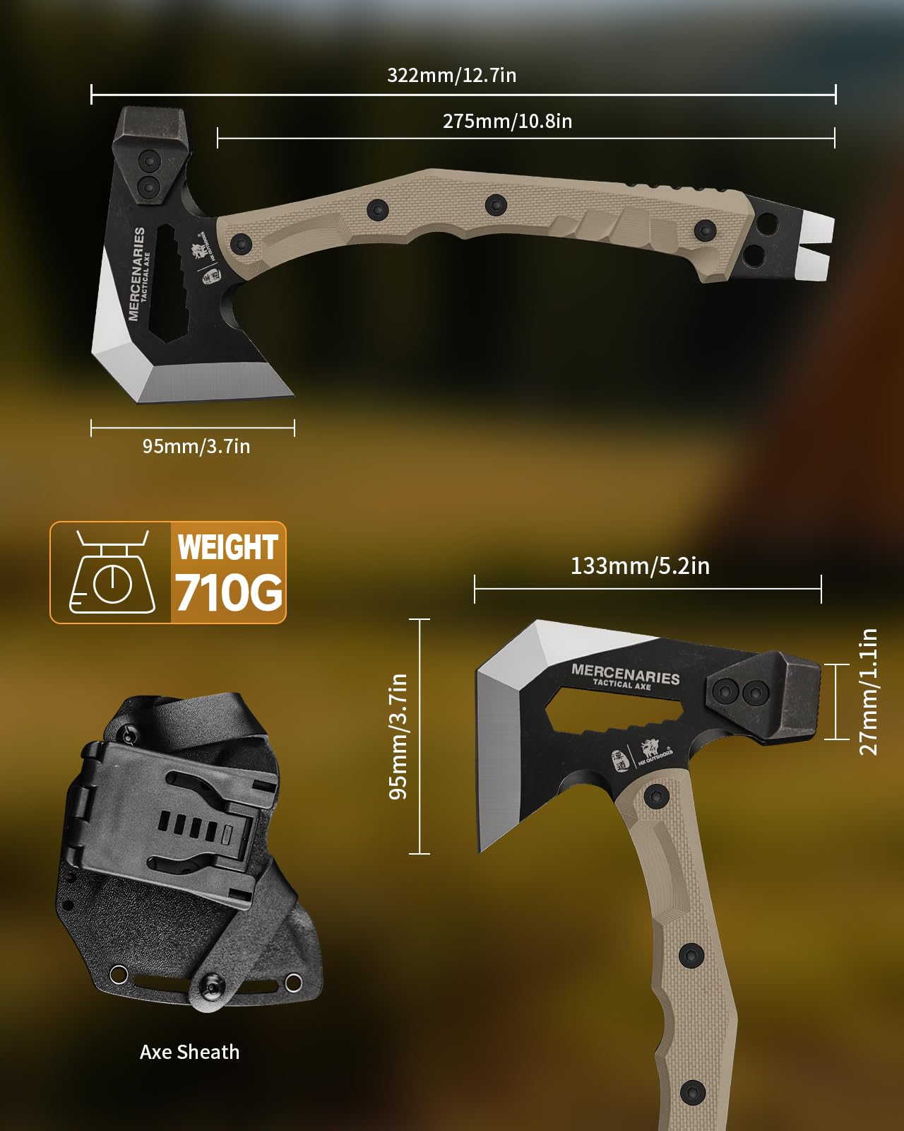 HX OUTDOORS Ascia Multifunzionale, Ascia Tattica da Sopravvivenza e Campeggio con Impugnatura G10, Lama in Acciaio Inox, Accetta da Bushcraft con Martello, Inserti Esagonali e Estrattore di Chiodi