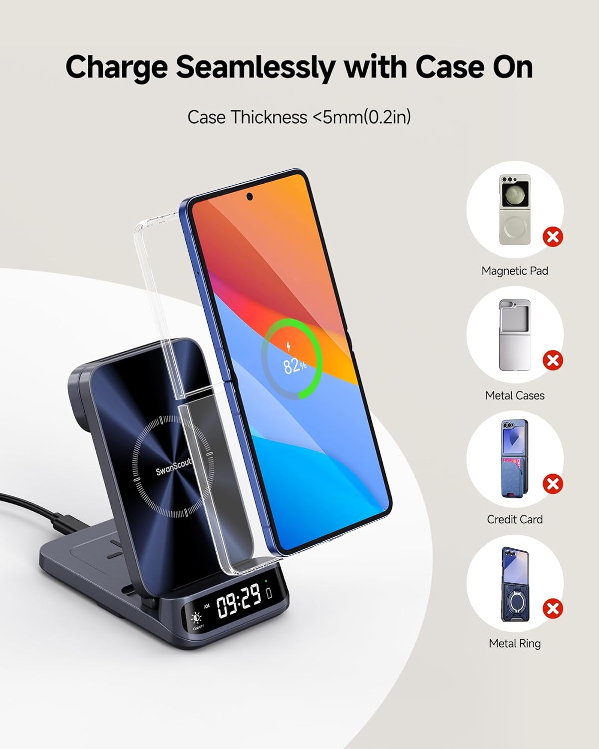 SwanScout Wireless Charger for Z Flip 7/7 FE/6/5/4/3, 3 in 1 Wireless Charging Station for Galaxy Watch 8 Classic/8/Ultra/7/FE/6/5/Buds 3 Pro, SwanScout 708F (NO Adapter)