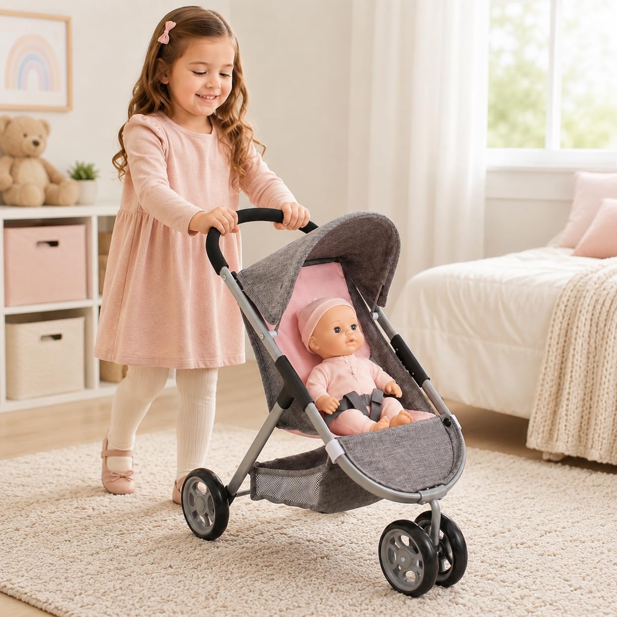 Bayer Chic 2000 Cochecito para muñecas Speedy – Melange Gris y Rosa – Adecuado para muñecas de hasta 46 cm – Altura del Deslizador: 58 cm
