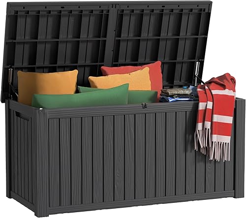 Vista 45 de EasyUp Caja de almacenamiento para exteriores de 230 galones, impermeable, resistente a los rayos UV, con varilla hidráulica, estabilidad reforzada