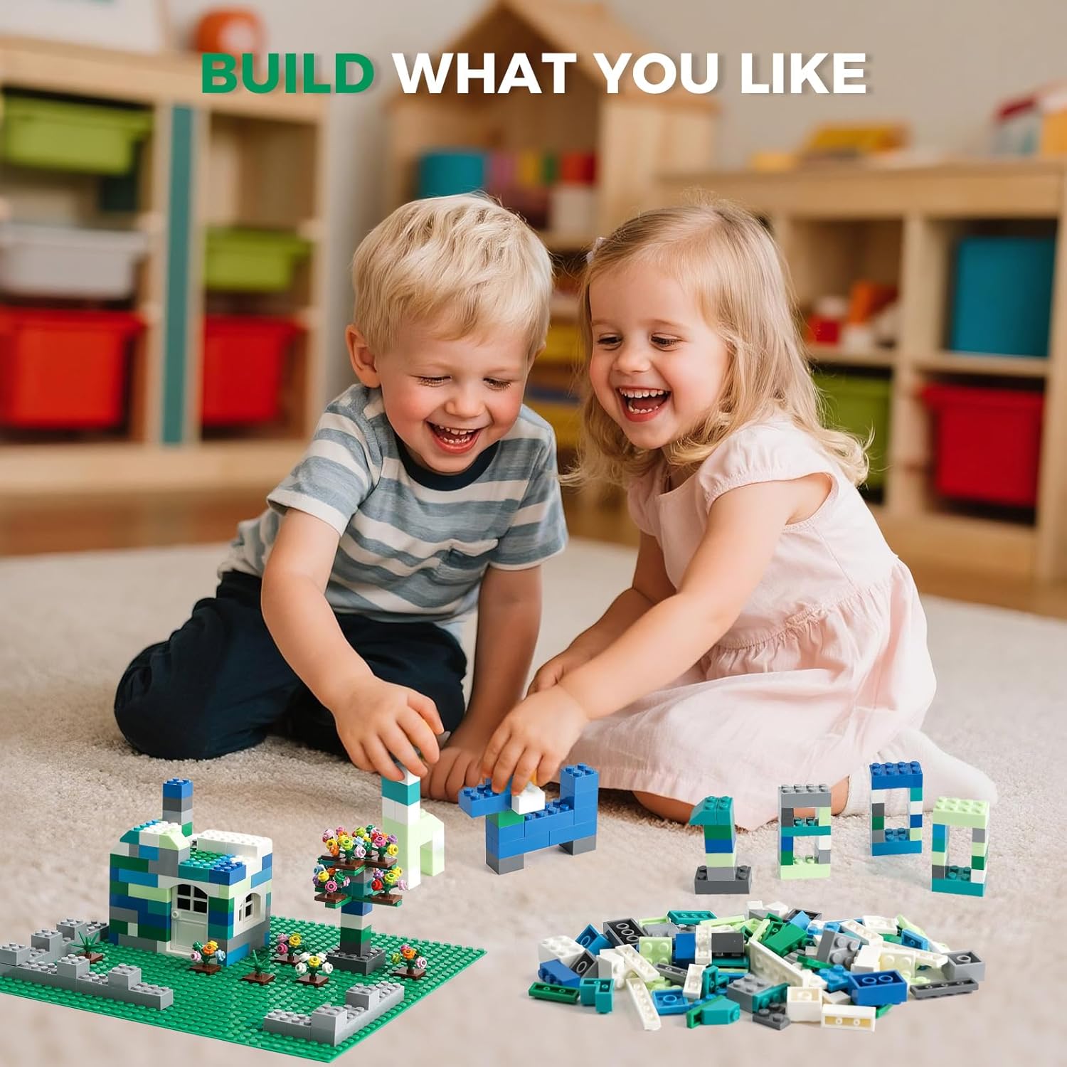 1800Pcs Building Bricks, Classic Bulk Small Blocks, Classic Building Bricks Set Basic Building Blocks(Blue Green White)
