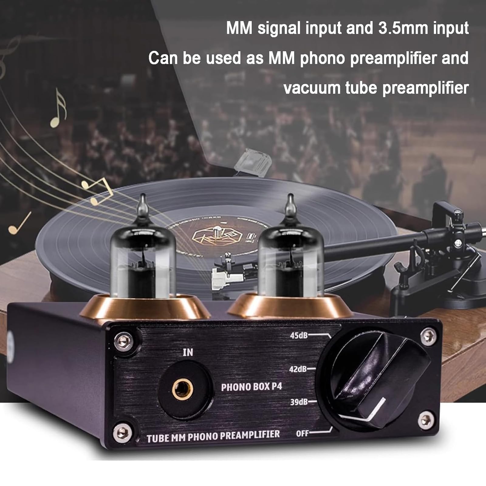 MObyat Mini Preamplificador Hi-Fi, Preamplificador De Fono con Tubo De Vacío, Tubos Reemplazables/Entrada Auxiliar De 3,5 Mm/Interruptor Entre 3 Modos: 39, 42 O 45 DB, para Tocadiscos