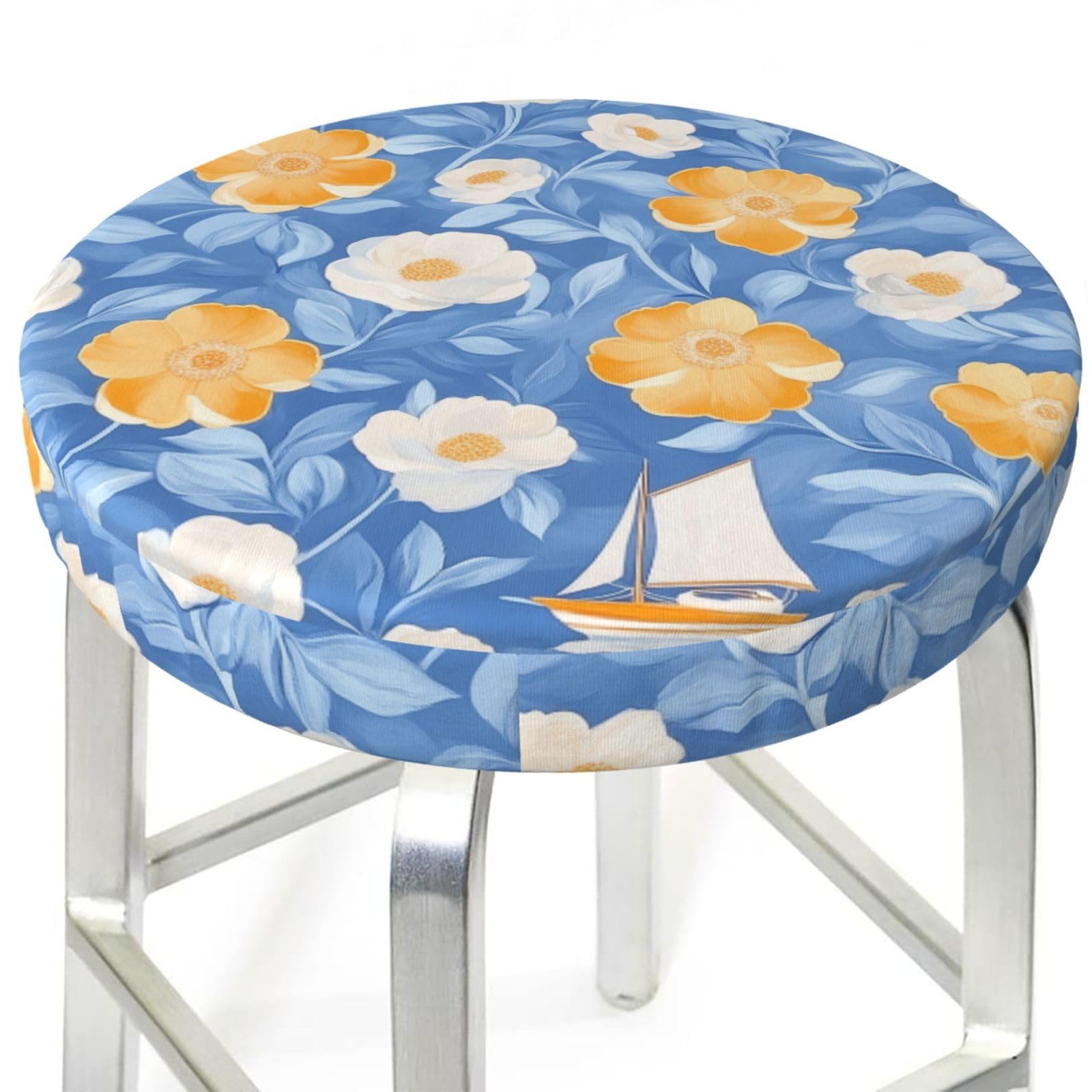 FireDeer White Yellow Flowers Sailboat Round Bar Stool Cover Waterproof Stool Slipcover Anti-Slip Seat Cover Cushion 13 Inch