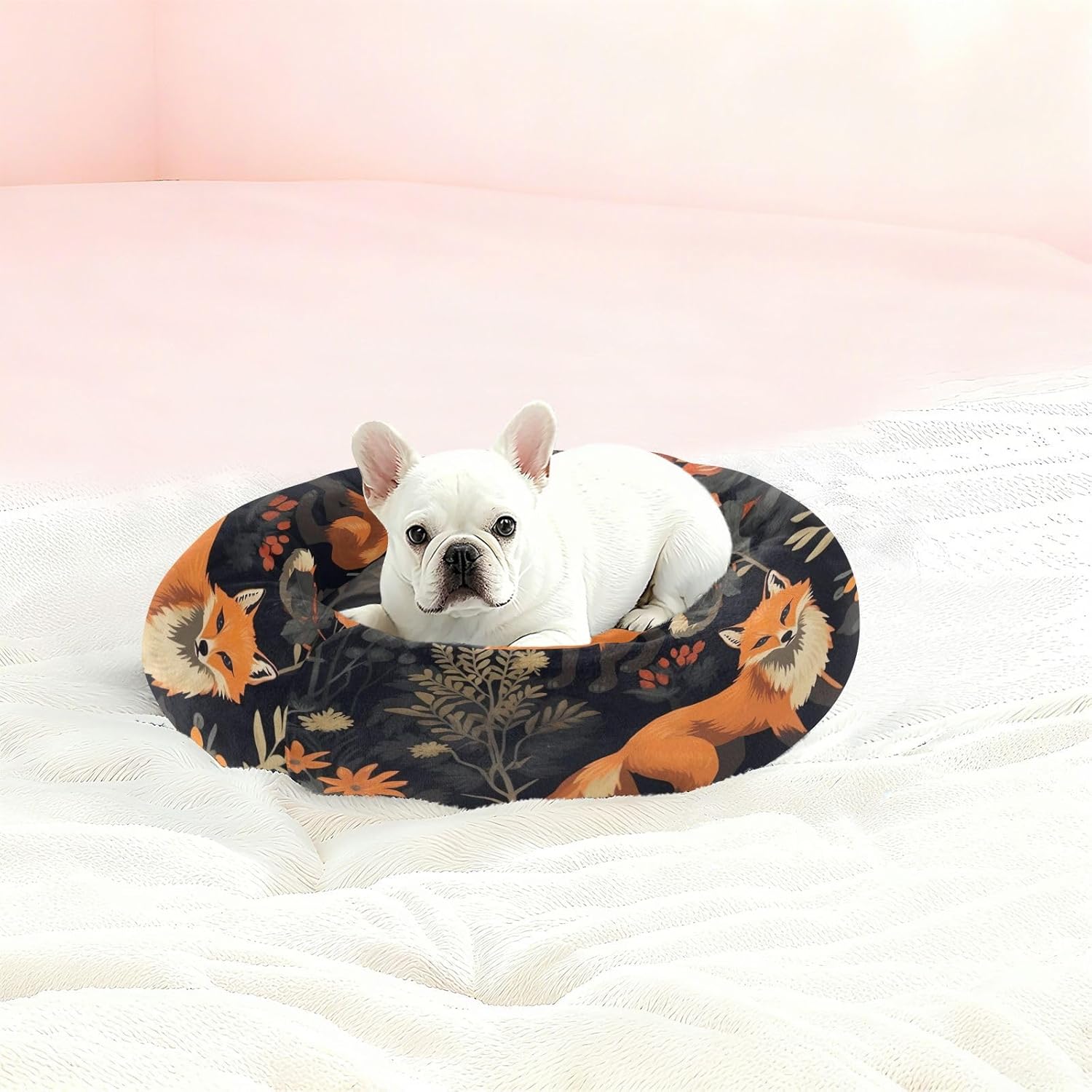 Dog Bed Ultra Soft Fluffy Comfortable Cat Bed, Cartoon Foxes Washable Dog Beds Anti-Slip Round Pet Beds for Medium Dogs