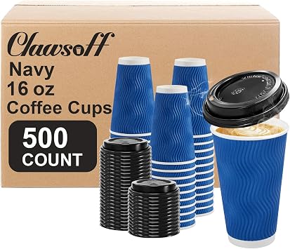 Clawsoff 500 Pack 16 oz Coffee Cups with Lids Disposable Insulated Cup Navy | To Go Paper Cups, Insulated Ripple Wall, Hot/Cold Beverage, 3 Layers Thickened Paper, for Office, Home, Party, Travel, Event