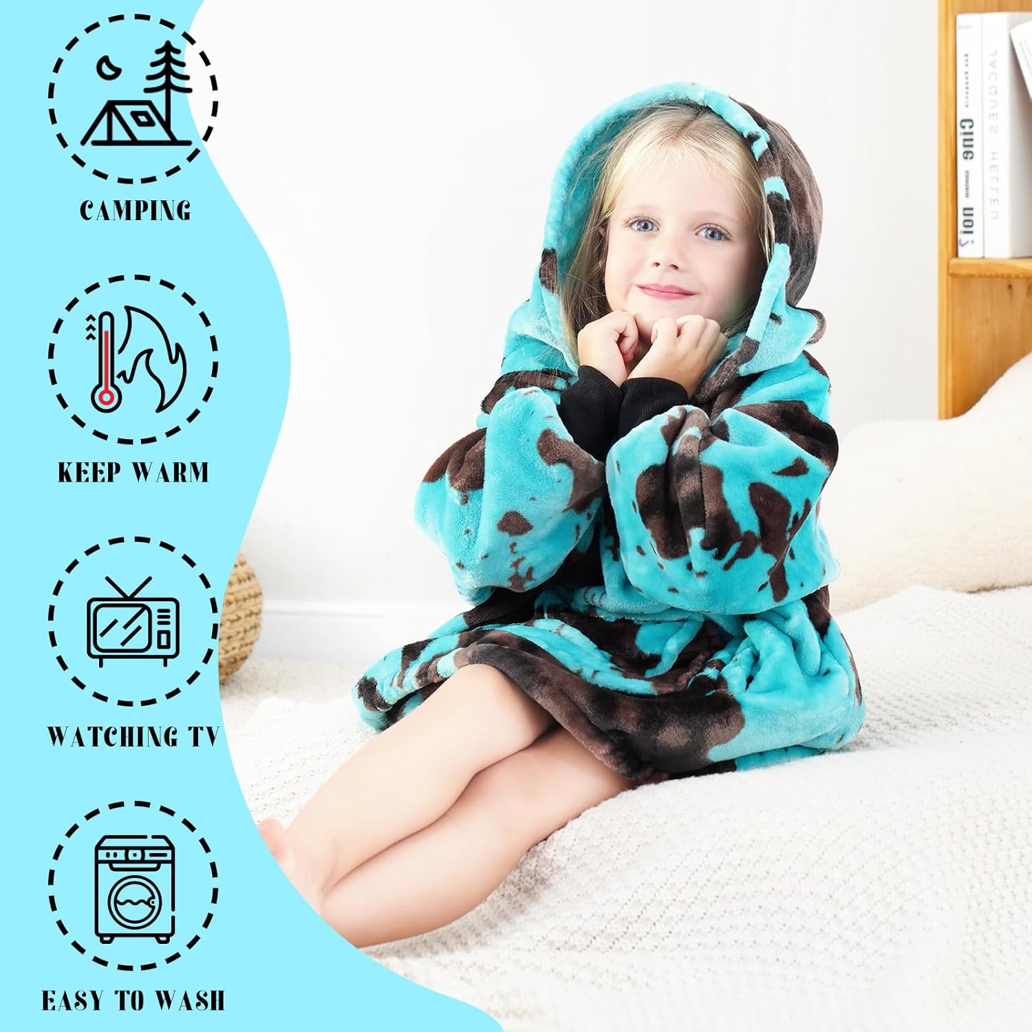 cow print Turquoise Wearable Blanket Hoodies for Kids Gifts for 2-5 Year Old Boys Girls, Soft Fleece Teal Blue Sweatshirt Blanket with Pocket - Image 5