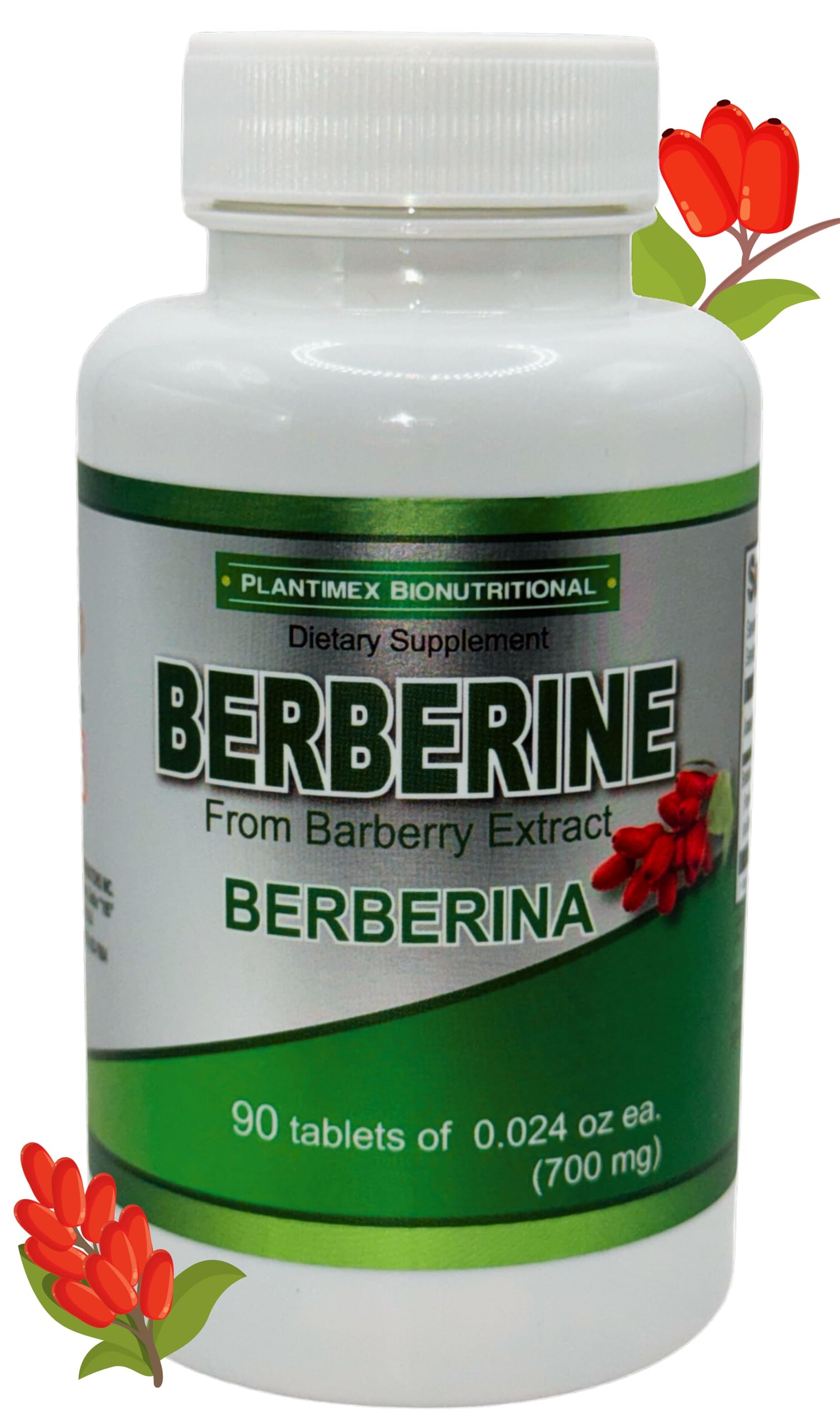 Berberina (Berberine) from Berberry Extract - 90 Tablets (700 mg) Dietary Supplement - Magnesium Stearate, Maltodextrin,