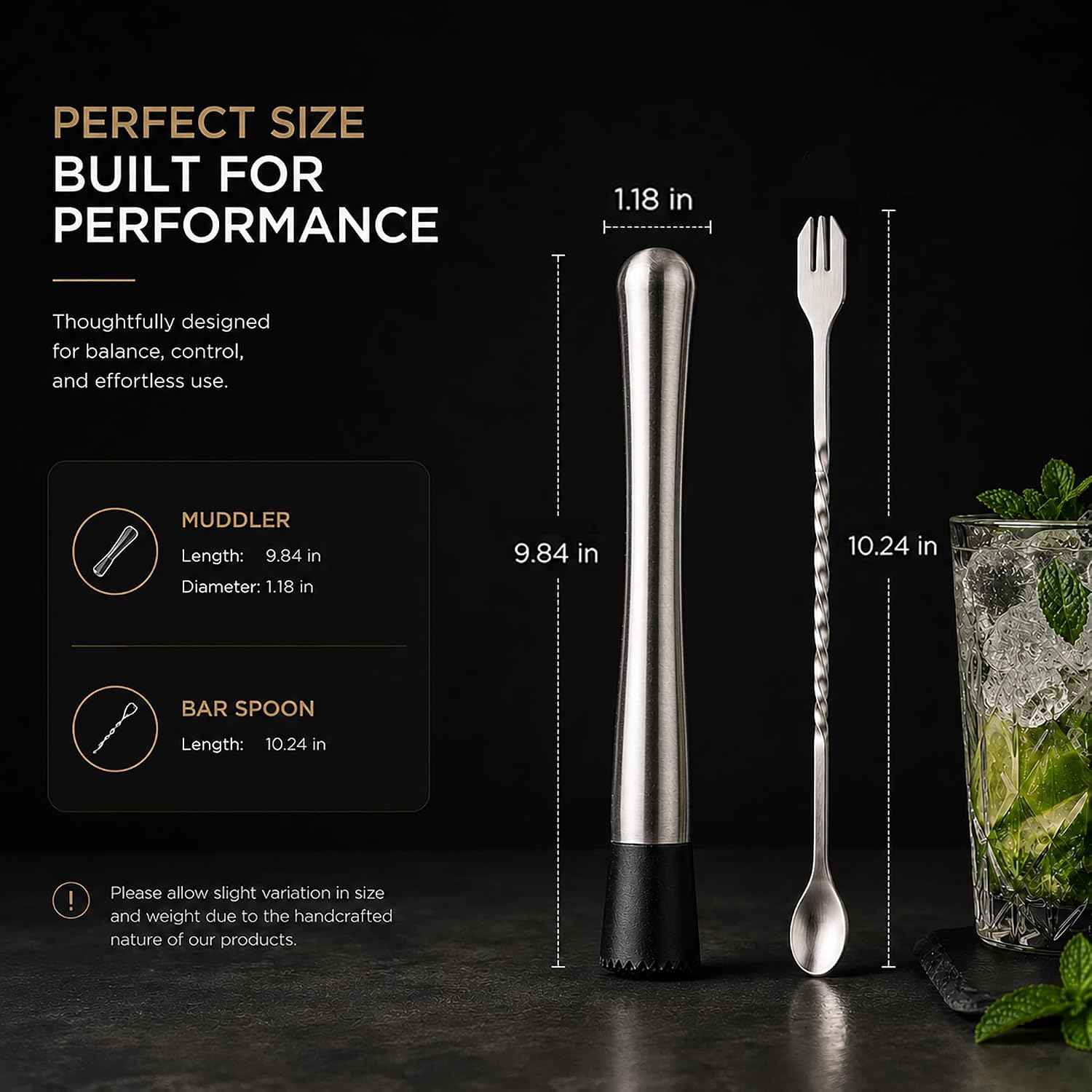 10 Inch Stainless Steel Muddler for Cocktail and 10 Inch Mixing Bar Spoon, 2 Pices Home Bar Tool Set