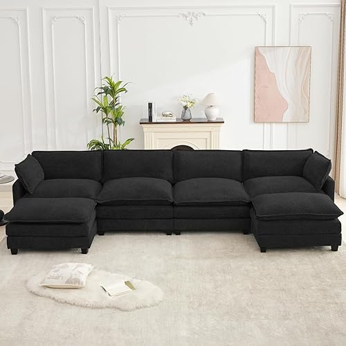 ROWHY Oversized Modular Sectional Couch with 2 Movable Ottoman, 148" Modern Convertible U Shaped Sofa Set, 4 Seat Comfy Cloud Couch with 2 Throw Pillows, for Living Room, Chenille, Black